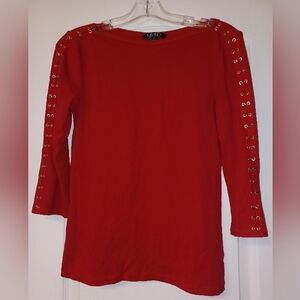 Ralph Lauren Red Long-Sleeve Lace-Up Eyelet Top
